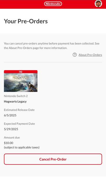 A screenshot from the Nintendo website showing a user's pre-orders. It lists "Hogwarts Legacy" for Nintendo Switch 2 with an estimated release date of June 5, 2025, and an expected payment date of May 29,