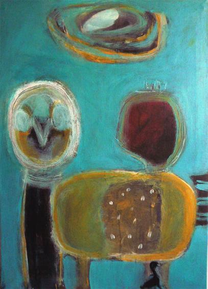 Zwei unrealistische Figuren auf türkisem Hintergrund.

Acrylmalerei auf Leinwand
