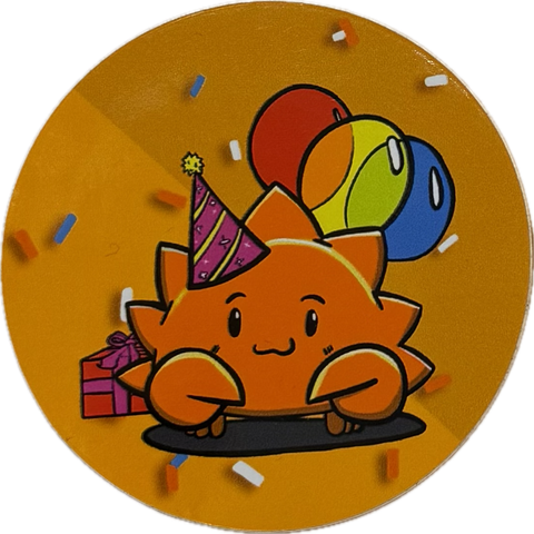 Ferris, the crab, with balloons, presents and party hat