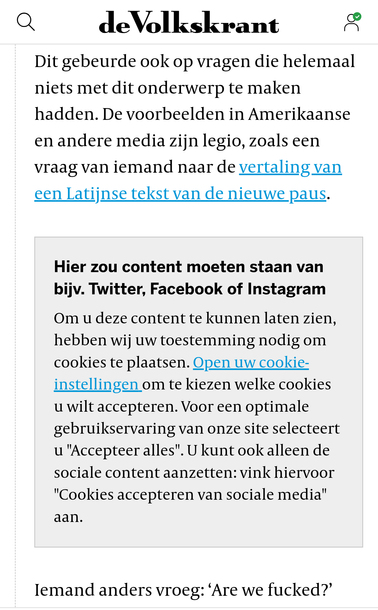 Dit gebeurde ook op vragen die helemaal niets met dit onderwerp te maken hadden. De voorbeelden in Amerikaanse en andere media zijn legio, zoals een vraag van iemand naar de vertaling van een Latijnse tekst van de nieuwe paus. 

Negin kader.

Hier zou content moeten staan van bijv. Twitter, Facebook of Instagram
Om u deze content te kunnen laten zien, hebben wij uw toestemming nodig om cookies te plaatsen. Open uw cookie-instellingen om te kiezen welke cookies u wilt accepteren. Voor een optimale gebruikservaring van onze site selecteert u "Accepteer alles". U kunt ook alleen de sociale content aanzetten: vink hiervoor "Cookies accepteren van sociale media" aan.

Eind kader.

Iemand anders vroeg: ‘Are we fucked?’