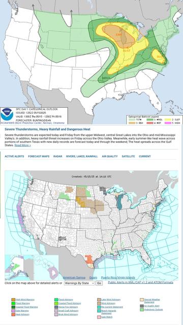 Severe thunderstorms are expected across parts of the upper Mississippi River Valley and Great Lakes this afternoon and evening. Tornadoes, some of which could be strong, and very large hail and damaging winds will be possible. Severe thunderstorms are also  expected through the lower Ohio River Valley, Ozarks and in parts of  the Mid-Atlantic.  #WeatherAwareDay #weather #wx #SPC #TheOutPost #SevereWeather  

Severe Thunderstorms, Heavy Rainfall and Dangerous Heat
Severe thunderstorms are expected today and Friday from the upper Midwest, central Great Lakes into the Ohio and mid-Mississippi Valley's. In addition, heavy rainfall threat increases on Friday across the Ohio Valley. Meanwhile, early summer-like heat wave across portions of southern Texas with new daily records are forecast today and through the weekend; The heat spreads across the Gulf States