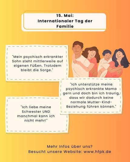 Ein Plakat zum Internationalen Tag der Familie am 15. Mai. Das Plakat enthält drei Sprechblasen mit Zitaten von Familienmitgliedern, die ihre Erfahrungen mit psychischen Erkrankungen teilen. Die erste Sprechblase sagt: 'Mein psychisch erkrankter Sohn steht mittlerweile auf eigenen Füßen. Trotzdem bleibt die Sorge.' Die zweite Sprechblase sagt: 'Ich unterstütze meine psychisch erkrankte Mama gern und doch bin ich traurig, dass wir dadurch keine normale Mutter-Kind-Beziehung führen können.' Die dritte Sprechblase sagt: 'Ich liebe meine Schwester UND manchmal kann ich nicht mehr!' Am unteren Rand des Plakats steht der Text 'Mehr Infos über uns? Besucht unsere Website: https://www.hfpk.de'