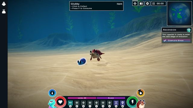 A Crabfish, targeting a Glubby, a tiny snail on the sea floor. The target info shows the option to consume it.