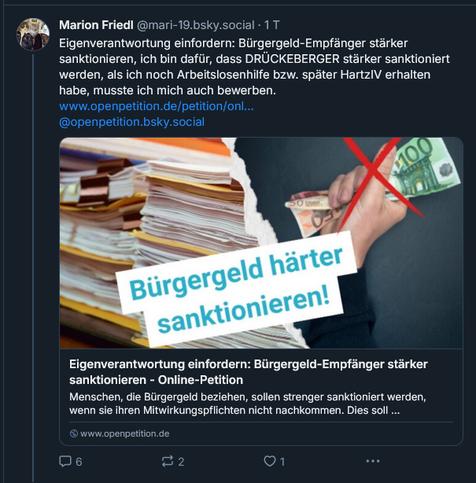 Marion Friedl @mari-19.bsky.social verbreitet die Kampagne "Bürgerld härter sanktionieren!" und schimpft auf "Drückeberger".