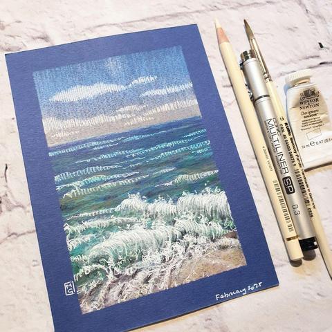 A small drawing of a seascape with waves rolling onto a beach.
An original art work
Colour pencil and mixed media on acid free toned artist paper
5 by 7 inches (12.7 by 17.8 cm).
Sold unframed