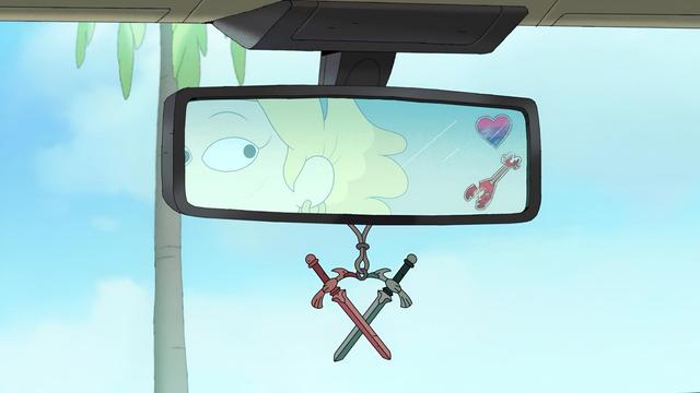 A still frame from the final episode of amphibia which shows a rear view mirror in Sasha's car decorated with items that include a bisexual heart sticker.