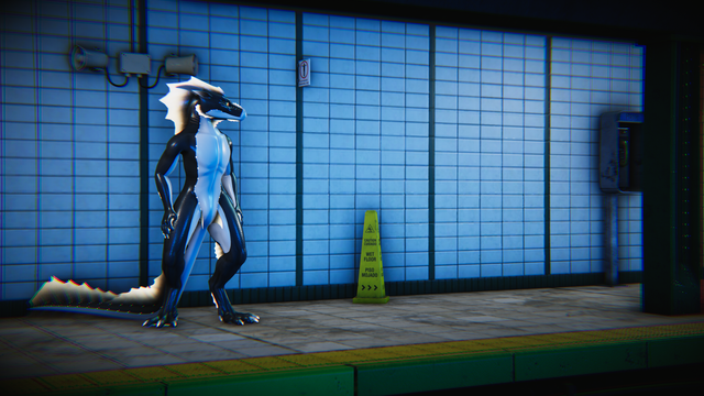 A screenshot from VRChat that looks like a well-rendered scene done in the long focal distance, it depicts a front view of an orca-coloured bipedal dragon with pale gold bioluminescent markings dotted along the sides of its tail, back, neck, and snout, with webbed hands, gills, a fin crest running from the forehead down to the tip of the tail, standing on a platform of a NYC subway station and looking at something outside the frame to its left, the stance can be described as "high noon ready".