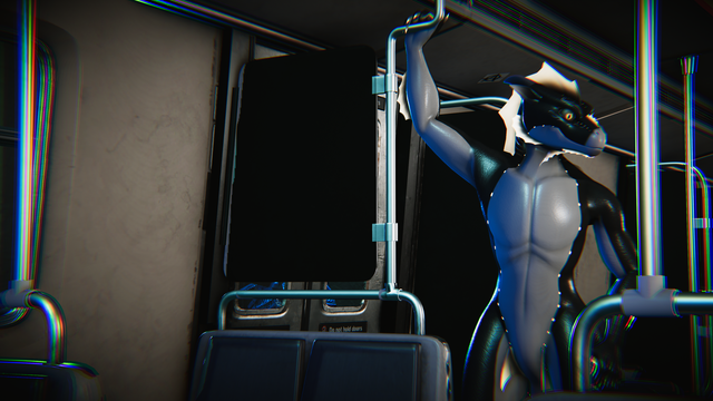 A screenshot from VRChat that looks like a well-rendered scene done in the long focal distance, it depicts a front view of an orca-coloured bipedal dragon with pale gold bioluminescent markings dotted along the sides of its tail, back, neck, and snout, with webbed hands, gills, a fin crest running from the forehead down to the tip of the tail, standing inside a subway train, looking to the side, arm outstretched upwards with the hand gripping a pole.