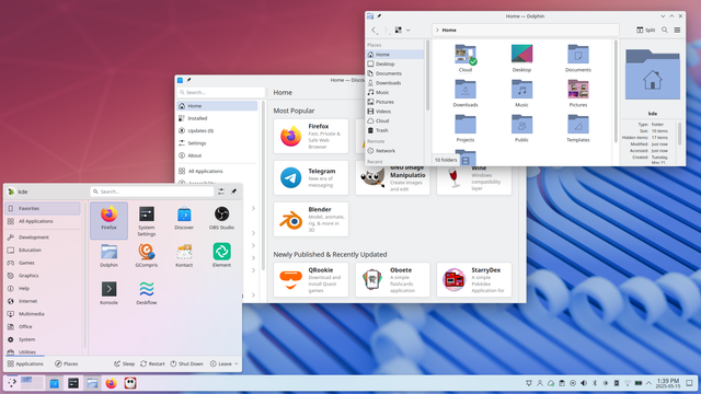 A vew of KDE's new Plasma 6.4 beta desktop. In the foreground you can see the Dolphin file/folder manager, Discover for installing software, and the launch menu