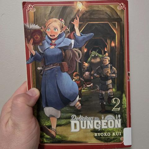 Photograph of a white person's hand holding Delicious in Dungeon, Volume 2 against a light colored wall. The cover is bordered in red and gold with the title in the upper right-hand corner. To the left is a light skinned, light haired female elf in blue robes running toward the viewer with a book in her hand . Behind her is an assorted group of adventurers in a dark cavern.