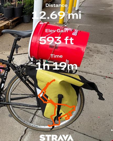 Strava text overlay describing Distance 12.69mi, elevation gain 593ft, time 1h 19m, an outline of the route, and the Strava word mark. The image behind this text is the seat and rear wheel of my bike with a pannier bag facing the viewer and a red bucket strapped to the top of the rack with a bungee cord.