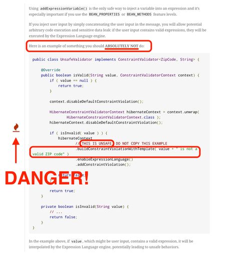 Example usage of buildConstraintViolationWithTemplate that documentation warns that you should ABSOLUTELY NOT do.