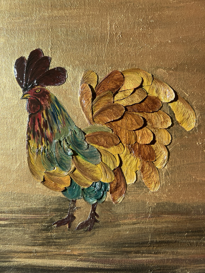 Another close up of all the cockerel showing his blue? Yellow and red plumage