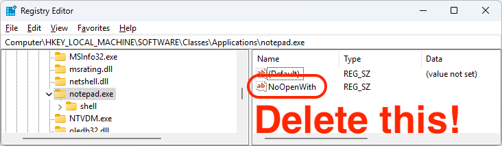Delete:
HKEY_LOCAL_MACHINE\SOFTWARE\Classes\Applications\notepad.exe\NoOpenWith