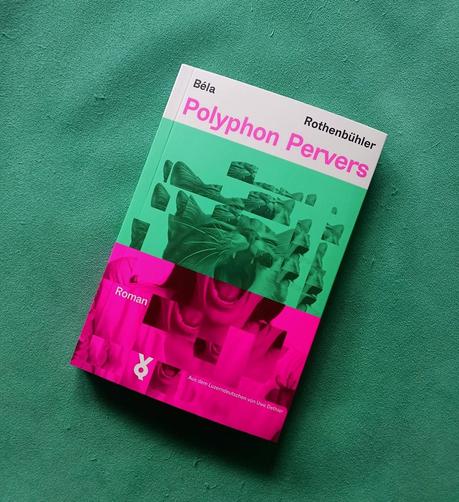 Foto des Buches »Polyphon Pervers« von Béla Rothenbühler, auf dessen knallig pink-türkisfarbenem Cover das fragmentierte Bild einer laut miauenden Katze (oben) in das fragmentierte einer schreienden Frau (unten) übergeht. Das Bild liegt auf türkisfarbenem Hintergrund.