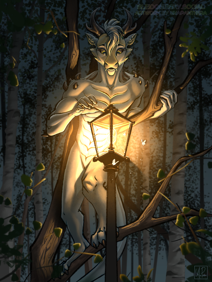 A grey anthro dragon with golden eyes stands in a tree, holding onto a branch for balance. With his other hand he reaches for the old-fashioned lamp post in front of him, wearing an expression of wonder.