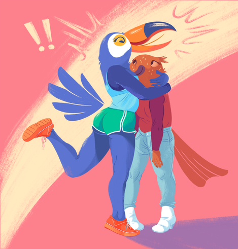A painting of two anthro characters; a toucan hugging a shorter song thrush's head to her chest, two exclamation to the side indicating excitement.