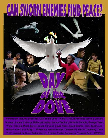A poster for Star Trek episode Day of the Dove, featuring the Star Fleet crew of the Enterprise and a group of Klingons angry and armed with swords. A giant white dove with its wings fanned out separates them.