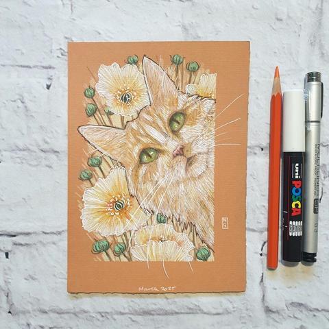 A small portrait drawing of a pale tabby cat with large pale yellow flowers in the background. The drawing is on terracotta toned paper.
An original art work
Colour pencil and mixed media on acid free toned artist paper
5 by 7 inches (12.7 by 17.8 cm).
Sold unframed