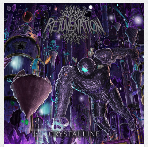 Photo of Rejuvenation’s album cover. Their band logo in gray on top. The word crystalline in gray on the bottom. A large dark purple crystal gollum is towering over a small man adorned in light blue armor. He is perched atop a purple floating stone. They appear to be in an underground cavern. There are several purple and blue stalagmites all around them. The man is carrying an orange glowing sword. He may be battling the gollum.