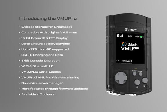 A picture of the Smoke Black VMU Pro for the Dreamcast.

It is an enhanced memory card and details everything it can do.  One exciting feature is the ability to play 8 bit emulators!