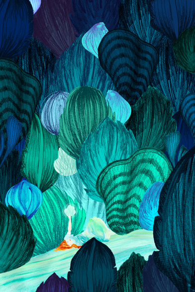 aperçu du tirage A4, femme qui se fond dans le décor imaginaire de formes bleutées rappelant l'univers marin ou le végétal.