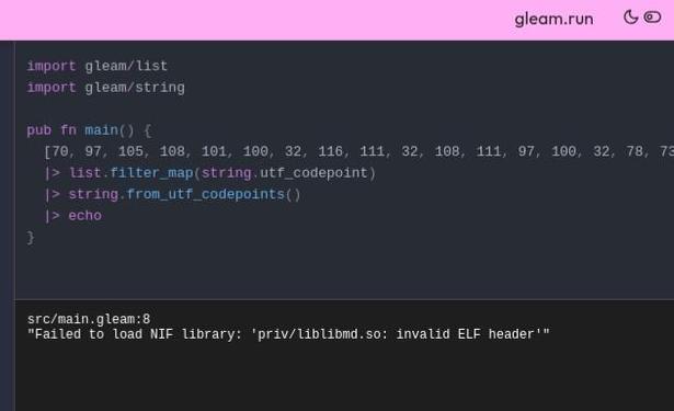 Screenshot of the interactive Gleam Language tour with that same list of numbers pasted in, along with a couple of lines of code to turn it into a legible string.