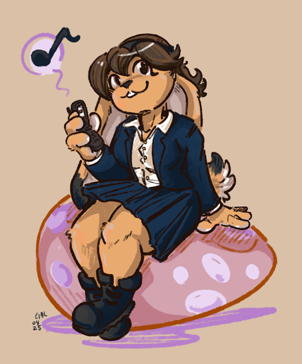 digital art of a brown bunny girl with lop ears wearing a navy skirt & blazer, sitting on a giant pastel egg. she's holding an old style flip phone in her paw.