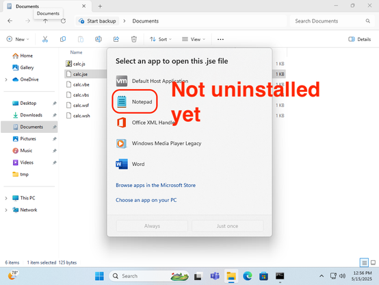 Double-clicking .jse file opens "Select an app to open this .jse file" menu, as opposed to opening notepad.exe automatically.