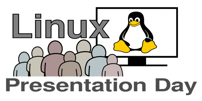 Symbolbild mit Gruppe von interessierten Menschen vor einem Präsentationsbildschirm mit dem Linux-Maskottchen Tux. Schriftzug "Linux Presentation Day".