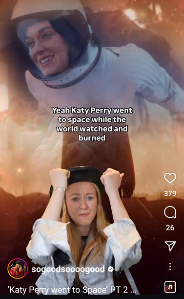 Screenshot of an Instagram video where a bond British woman with a black beret sings "yeah Katy Perry went to space while the world watched and burned."
