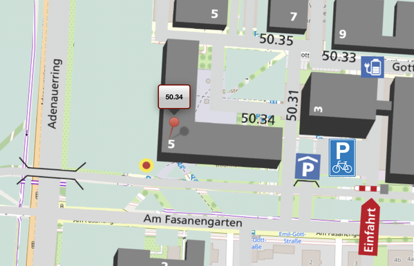 Ausschnitt des KIT-Campusplans mit dem Informatik-Hauptgebäude 50.34 und dem danebenliegenden Popup-Fahrradabstellplatz.