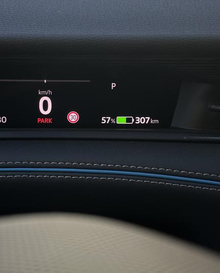 Image shows a vehicle dashboard display. The speedometer indicates 0 km/h and the gear is in the "P" (park) position. The battery charge is at 57%, with a range of 307 km displayed.