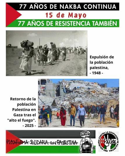 77 ANOS DE NAKBA CONTINUA 15 de Mayo 
77 ANOS DE RESISTENCIA TAMBIÉN

Imsgenes de: Expulsión de la población palestina, 1948 -
Y de: Retorno de la población Palestina en Gaza tras el "alto el fuego". - 2025-

Logo de la Plataforma