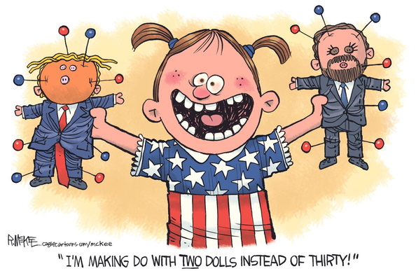 cartoon of little girl holding dolls that look like Trump and JD Vance, stuck with needle like voodoo dolls, saying "I'm making do with two dolls instead of thirty!"