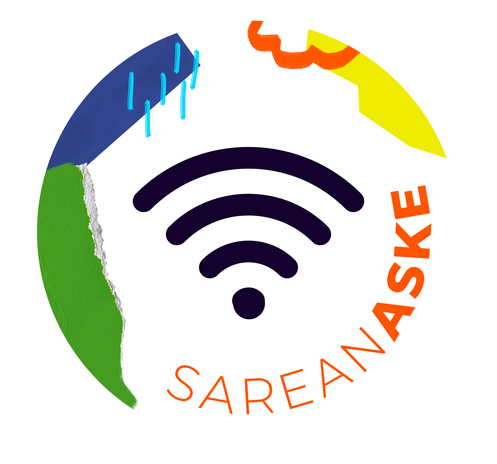 Euskaraldiaren logo/txapa tuneatua, bere koloreak mantenduz, SareanAske leloarekin eta wifi sare ikono beltzarekin jokoa eginez.