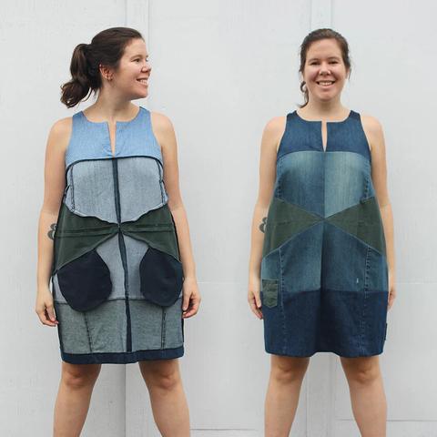 Helen wears a patchwork shift dress in three different shades of denim. In the other half of the image, she wears it inside out.