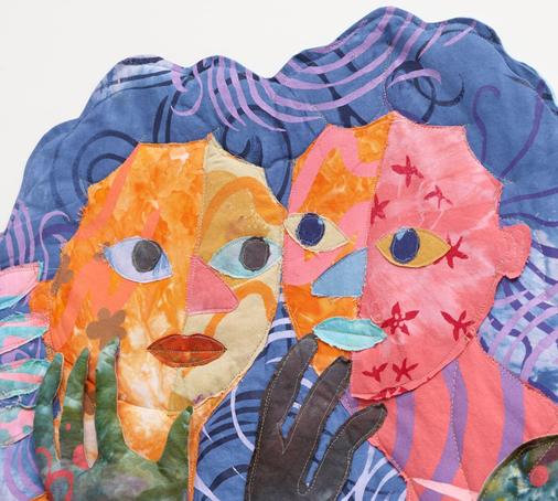 detail of a textile portrait of two women in vivid, patterned fabrics