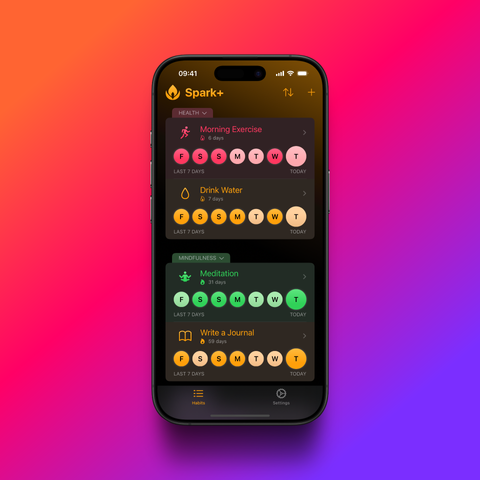 Screenshot of the Spark habit tracker app on iOS. Four habits-Morning Exercise, Drink Water, Meditation, and Write a Journal-are shown under Health and Mindfulness categories. Each habit displays a row of circles for the past week: fully colored circles mark completed days, while faded circles indicate missed days within an ongoing streak. The app uses a dark theme with colorful icons and a navigation bar at the bottom for Habits and Settings.