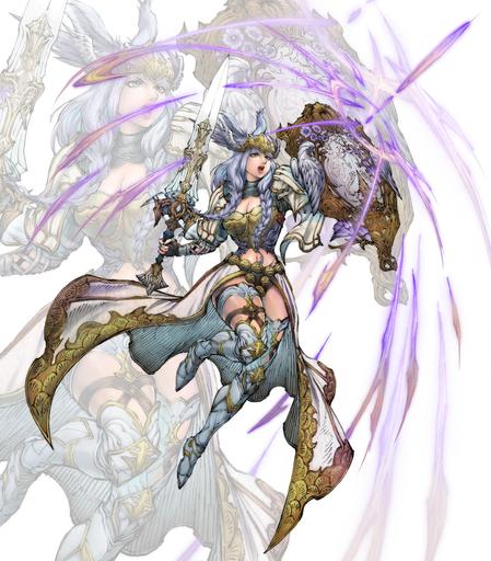A Viera warrior from Final Fantasy XIV, dressed in ornate, gold-trimmed armor with feathered shoulder pieces, wielding a sword and an engraved shield. She is mid-leap, surrounded by glowing violet magic slashes, with a determined expression and flowing silver hair.