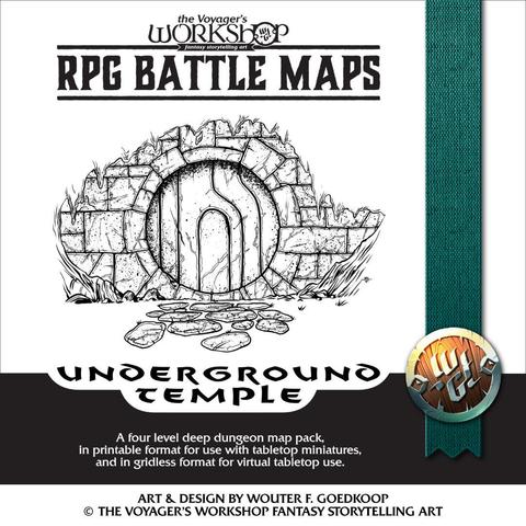 The title card for the Underground Temple battle map pack featuring an inked illustration of the round stone entrance.