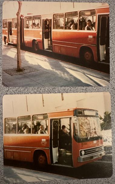 Photos are of two MUNI long buses. They are MUNI orange. There are riders sitting in them.