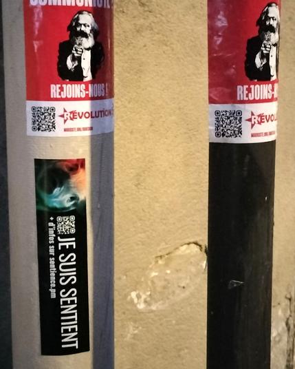 Photo de la Nuit de la Sentience 2025 (ici, on voit des stickers "sentience" dans l'espace public)