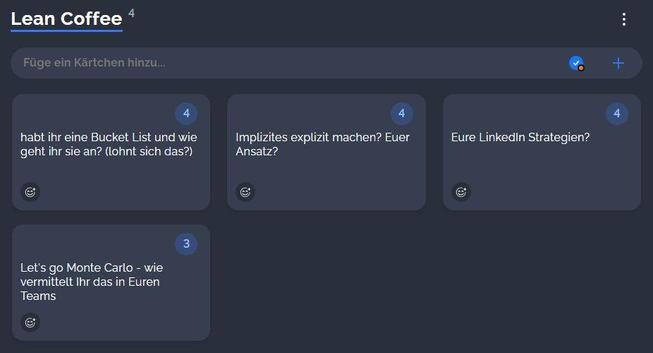 Lean Coffee Themen
- Habt ihr eine Bucket List und wie geht ihr sie an? (lohnt sich das?)
- Implizites explizit machen? Euer Ansatz?
- Eure LinkedIn Strategien?
- Let's go Monte-Carlo – wie vermittelt Ihr das in Euren Teams