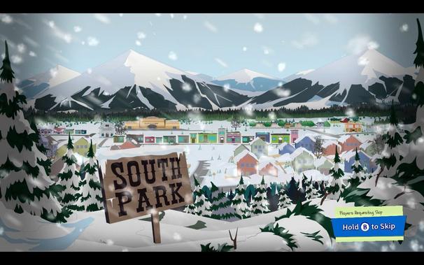 In the snowy expanse of South Parks main street, the New Kid stands ready for a winter adventure. The sky above is overcast with a smattering of falling snowflakes. Signage reading SOUTH PARK and a blue rectangular label adorned with white text mark the scene, hinting at the players location within the game world.