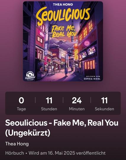 An audiobook cover for "Seoulicious - Fake Me, Real You" by Thea Hong is displayed. The illustration shows a stylized city street in Seoul, highlighting buildings with colorful signage. The cover includes the author's name and details about the audiobook