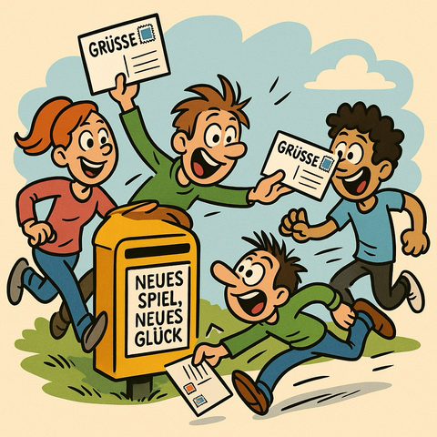 Ein Comic, der eine Gruppe diverser Menschen zeigt, die offensichtlich nach einem Wettlauf eine Postkarte in einen Briefkasten stecken wollen. Auf dem Briefkasten steht neues Spiel, neues Glück.