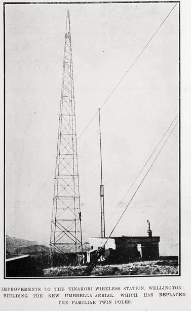 Black-and-white photo: Improvements to the Tinakori Wireless Station, Wellington: Building the New Umbrella Aerial, Which Has Replaced the Familiar Twin Poles. 1923. Description: A small building stands next to a tall mast on a hill, bare except for grass and tussock. The tops of other hills at a similar elevation are visible in the background. Citation: Supplement to the Auckland Weekly News, 10 May 1923, p. 45. Auckland Libraries Heritage Collections AWNS-19230510-45-04. https://kura.aucklandlibraries.govt.nz/digital/collection/photos/id/237298