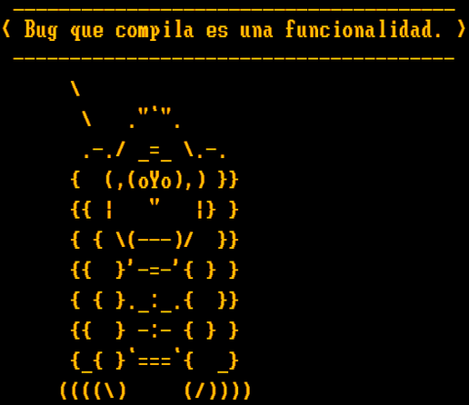 Un arte ASCII de un gorila que dice: "Bug que compila es una funcionalidad".