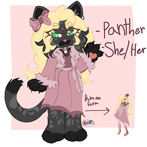 A drawing of an anthro panther OC. She has glamorous black fur and has long blonde hair. She is wearing an elegant pink gown with a fur coat and ribbons. A bow is tied neatly in her hair.